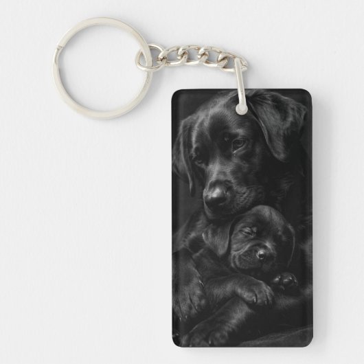 Zwarte Labrador, ouder en kind, Knuffel van liefde Sleutelhanger (Voorkant)