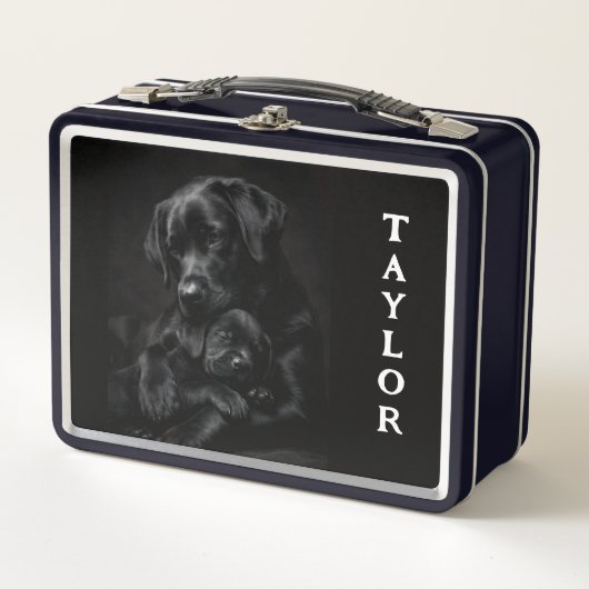 Zwarte Labrador, ouder en kind, metalen lunchbox (Voorkant)