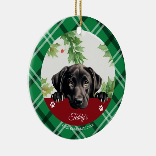 Zwarte Labrador Persoonlijke Eerste Kerstmis Keramisch Ornament (Rechts)