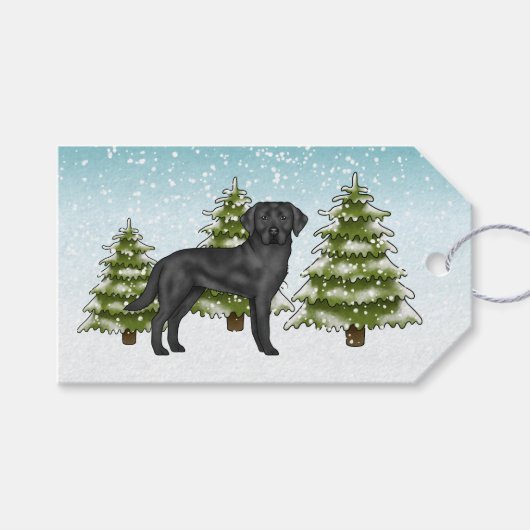 Zwarte Labrador Retriever Blauwe Besneeuwde Winter Cadeaulabel (Voorkant (Horizontaal))