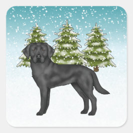 Zwarte Labrador Retriever Blauwe Besneeuwde Winter Vierkante Sticker