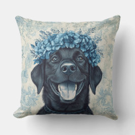 Zwarte Labrador Retriever Blauwe Bloemen Kussen
