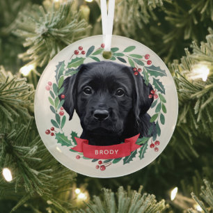 Zwarte Labrador Retriever Hond Kerst Waterverf Glas Ornament