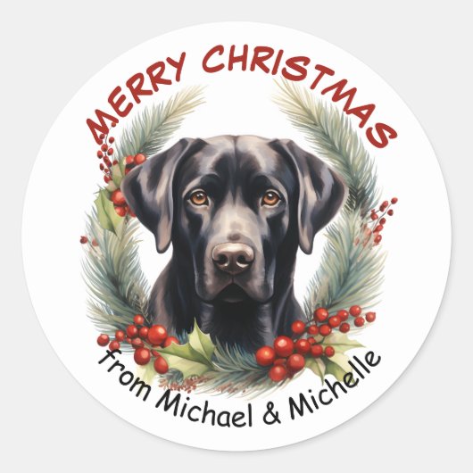 Zwarte Labrador Retriever Hond Kerstkrans Ronde Sticker (Voorkant)