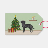 Zwarte labrador retriever hond met kerstboom cadeaulabel (Voorkant (Horizontaal))