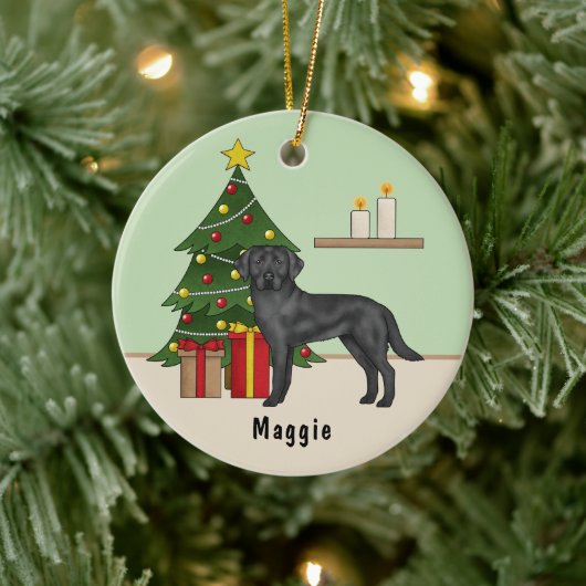 Zwarte labrador retriever hond met kerstboom keramisch ornament (Boom)