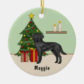 Zwarte labrador retriever hond met kerstboom keramisch ornament (Voorkant)