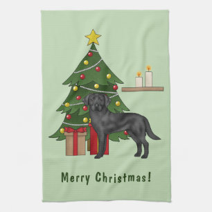 Zwarte Labrador Retriever-hond met kerstboom Theedoek