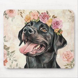 Zwarte Labrador Retriever Hond Roze Perzik Bloemen Muismat