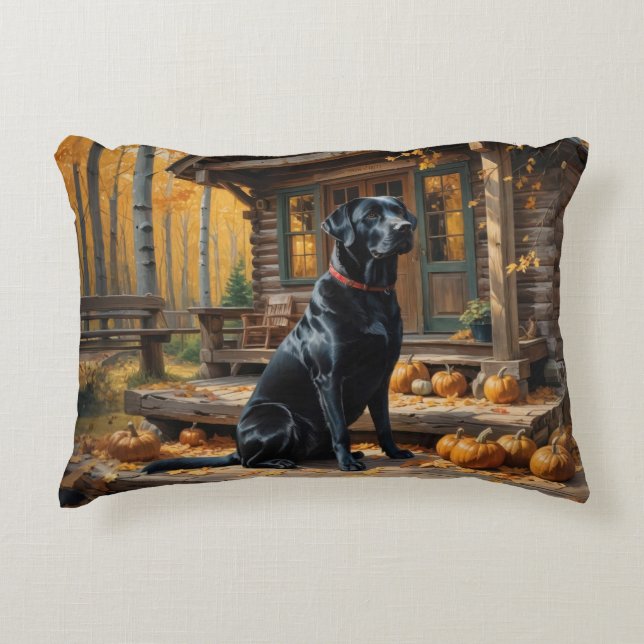 Zwarte Labrador Retriever Log Cabin Herfst Accent Kussen (Voorkant)