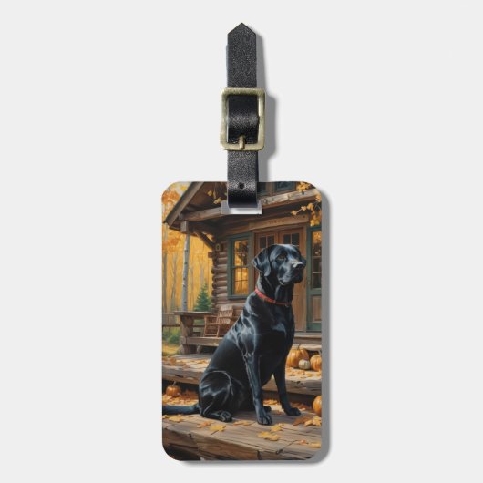 Zwarte Labrador Retriever Log Cabin Herfst Bagagelabel (Voorkant verticaal)