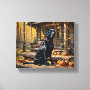 Zwarte Labrador Retriever Log Cabin Herfst Canvas Afdruk