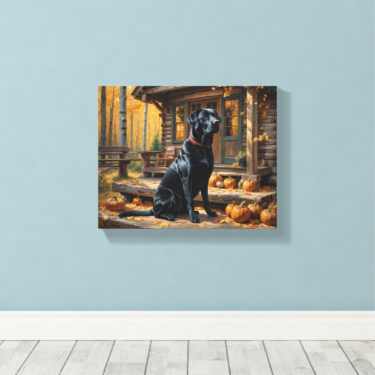 Zwarte Labrador Retriever Log Cabin Herfst Canvas Afdruk (Insitu (Houten vloer))