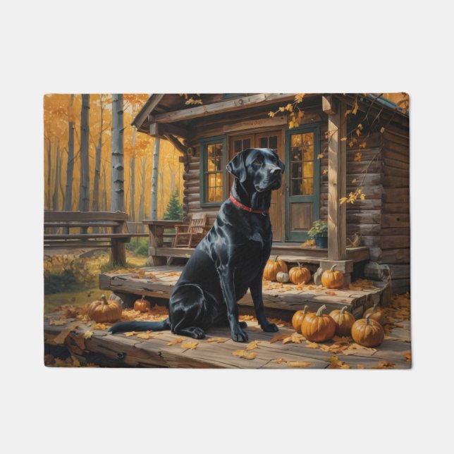 Zwarte Labrador Retriever Log Cabin Herfst Deurmat (Voorkant)