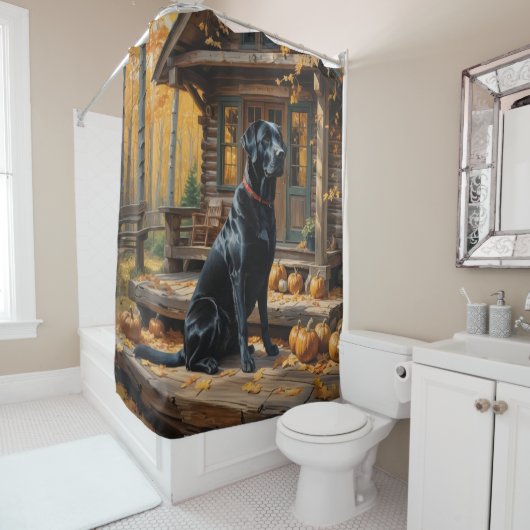 Zwarte Labrador Retriever Log Cabin Herfst Douchegordijn (In situ)