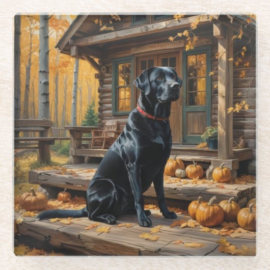Zwarte Labrador Retriever Log Cabin Herfst Glazen Onderzetter (Voorkant)