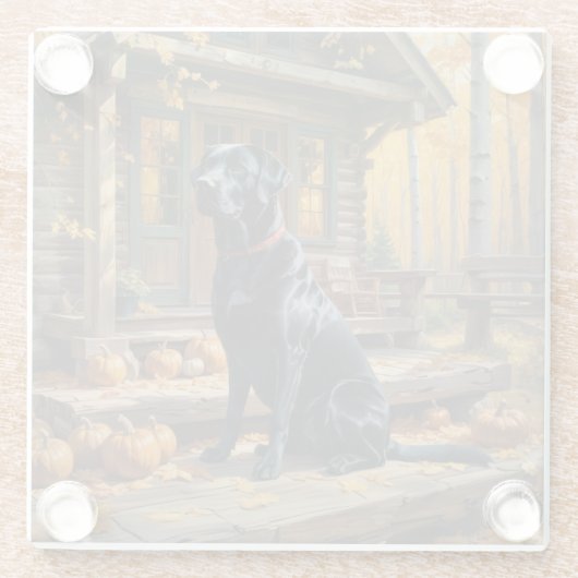 Zwarte Labrador Retriever Log Cabin Herfst Glazen Onderzetter (Achterkant)