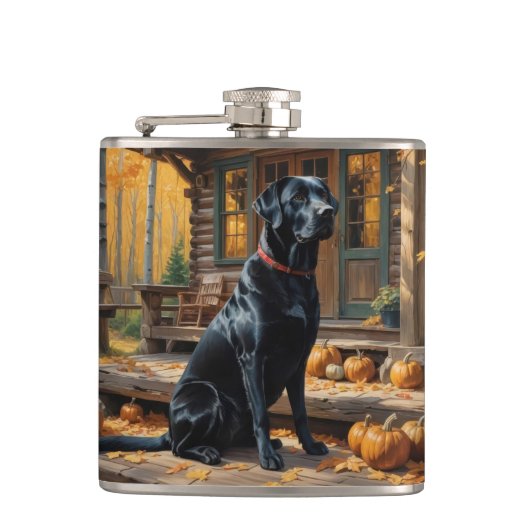 Zwarte Labrador Retriever Log Cabin Herfst Heupfles (Voorkant)