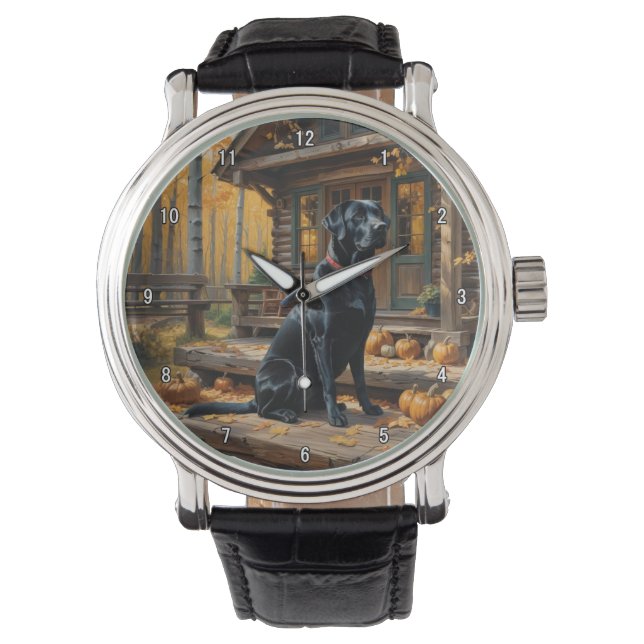 Zwarte Labrador Retriever Log Cabin Herfst Horloge (Voorkant)