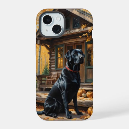 Zwarte Labrador Retriever Log Cabin Herfst iPhone 15 Case (Achterkant)