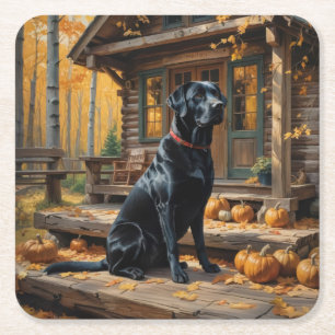 Zwarte Labrador Retriever Log Cabin Herfst Kartonnen Onderzetters
