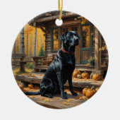 Zwarte Labrador Retriever Log Cabin Herfst Keramisch Ornament (Voorkant)