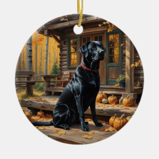 Zwarte Labrador Retriever Log Cabin Herfst Keramisch Ornament (Voorkant)