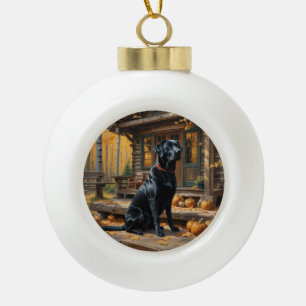 Zwarte Labrador Retriever Log Cabin Herfst Keramische Bal Ornament