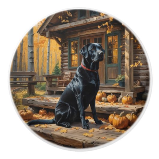 Zwarte Labrador Retriever Log Cabin Herfst Keramische Knop (Voorkant)