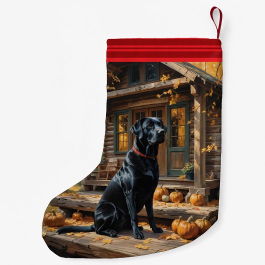 Zwarte Labrador Retriever Log Cabin Herfst Kleine Kerstsok (Achterkant)