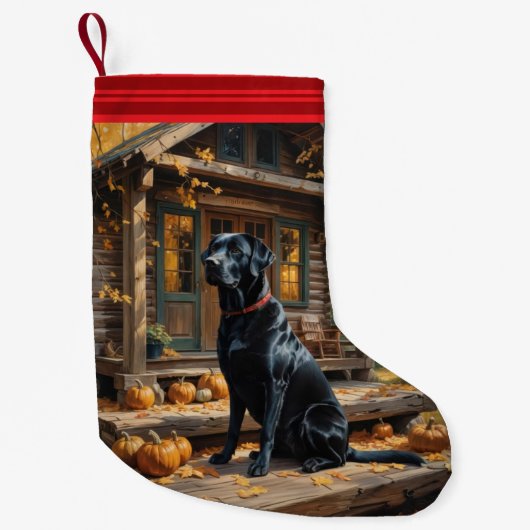 Zwarte Labrador Retriever Log Cabin Herfst Kleine Kerstsok (Voorkant)