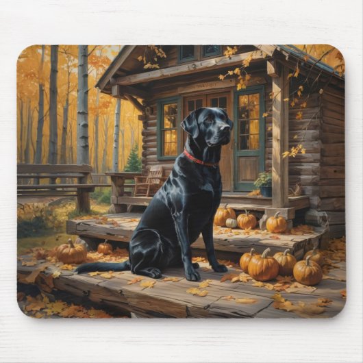 Zwarte Labrador Retriever Log Cabin Herfst Muismat (Voorkant)