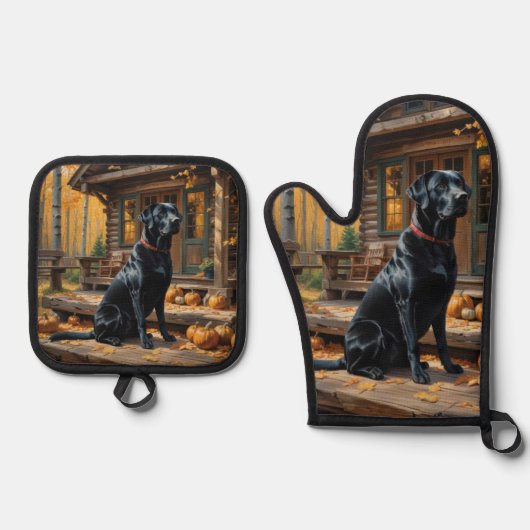 Zwarte Labrador Retriever Log Cabin Herfst Ovenwant & Pannenlap Set (Voorkant)