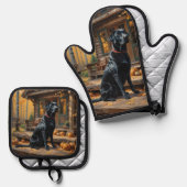 Zwarte Labrador Retriever Log Cabin Herfst Ovenwant & Pannenlap Set (Voorkant / Achterkant)