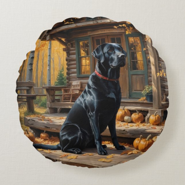 Zwarte Labrador Retriever Log Cabin Herfst Rond Kussen (Voorkant)