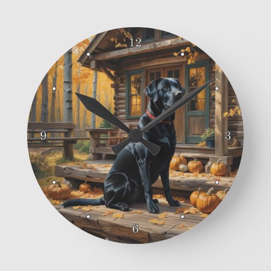 Zwarte Labrador Retriever Log Cabin Herfst Ronde Klok (Voorkant)