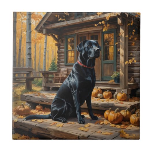Zwarte Labrador Retriever Log Cabin Herfst Tegeltje (Voorkant)