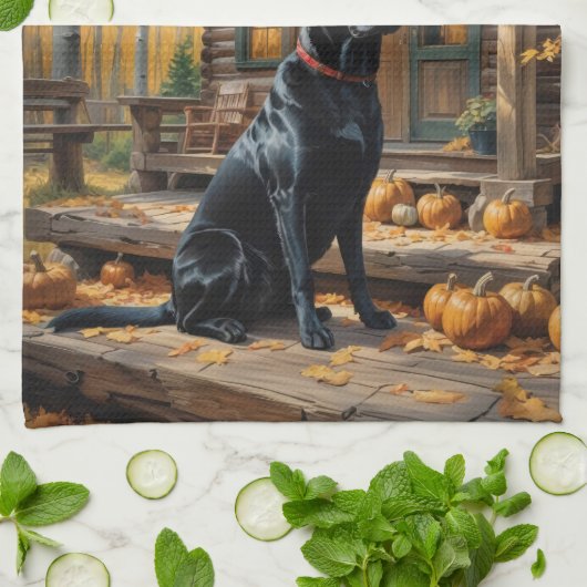 Zwarte Labrador Retriever Log Cabin Herfst Theedoek (Gevouwen)