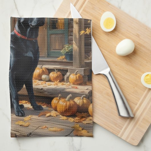 Zwarte Labrador Retriever Log Cabin Herfst Theedoek (Quarter Fold)