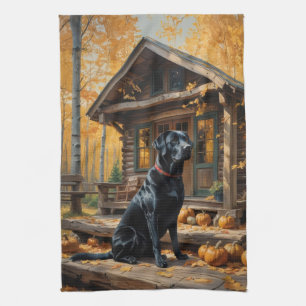 Zwarte Labrador Retriever Log Cabin Herfst Theedoek