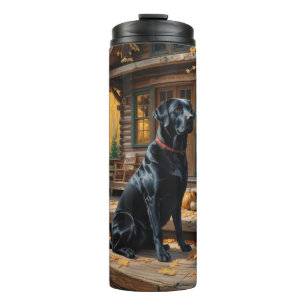 Zwarte Labrador Retriever Log Cabin Herfst Thermosbeker