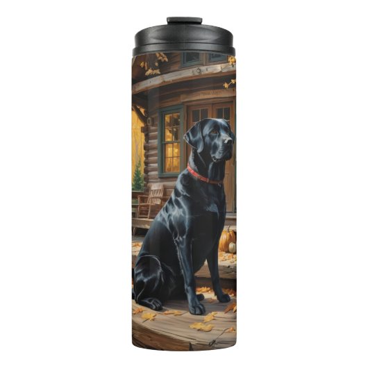 Zwarte Labrador Retriever Log Cabin Herfst Thermosbeker (Voorkant)