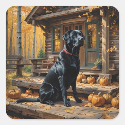 Zwarte Labrador Retriever Log Cabin Herfst Vierkante Sticker (Voorkant)