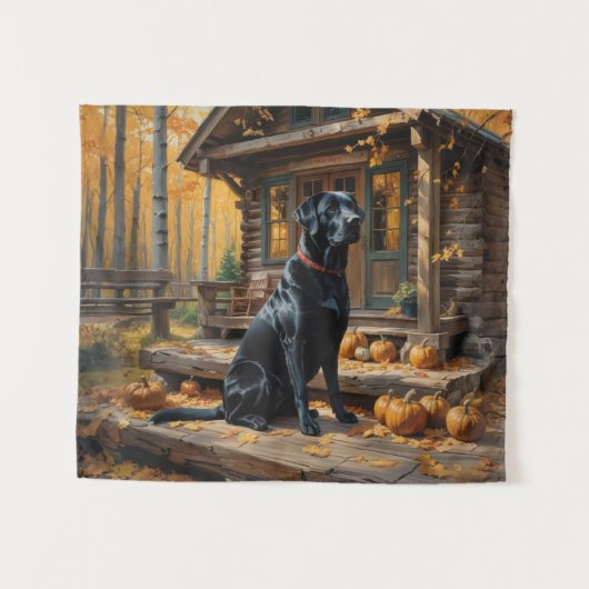 Zwarte Labrador Retriever Log Cabin Herfst Wandkleed (Voorkant (horizontaal))