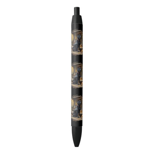 Zwarte Labrador Retriever Log Cabin Herfst Zwarte Inkt Pen (Voorkant Verticaal)