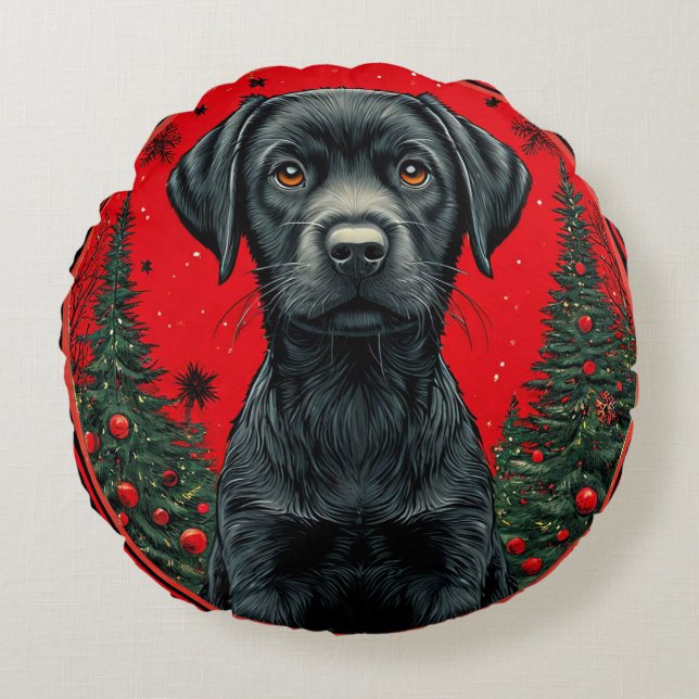 Zwarte Labrador Retriever met Kerstbomen Rond Kussen (Voorkant)