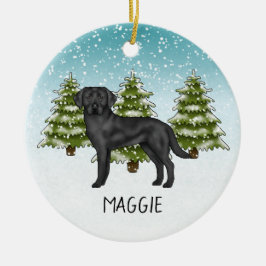 Zwarte Labrador Retriever Winterwoud Aangepaste Na Keramisch Ornament
