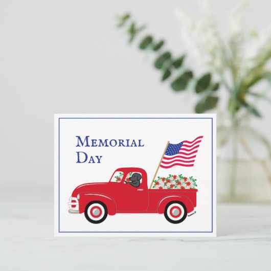 Zwarte Labrador Rode Truck Memorial Day met rand Briefkaart (Staand voorkant)