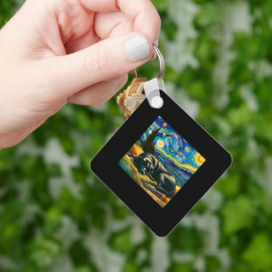 Zwarte Labrador Sterrennacht Vincent Van Gogh Lab Sleutelhanger