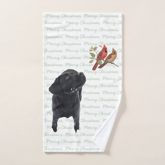 Zwarte labrador vrolijke kerstkardinalen Schattige Bad Handdoek (Handdoek)